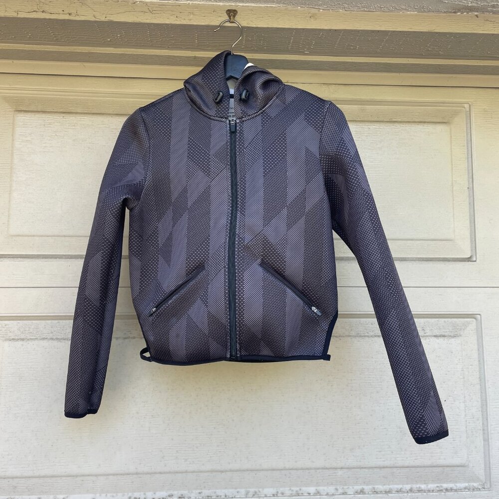 BCBGMAXAZRIA Scuba Track Jacket Hoodie Gray Geometric Print Techwear Zip Up S